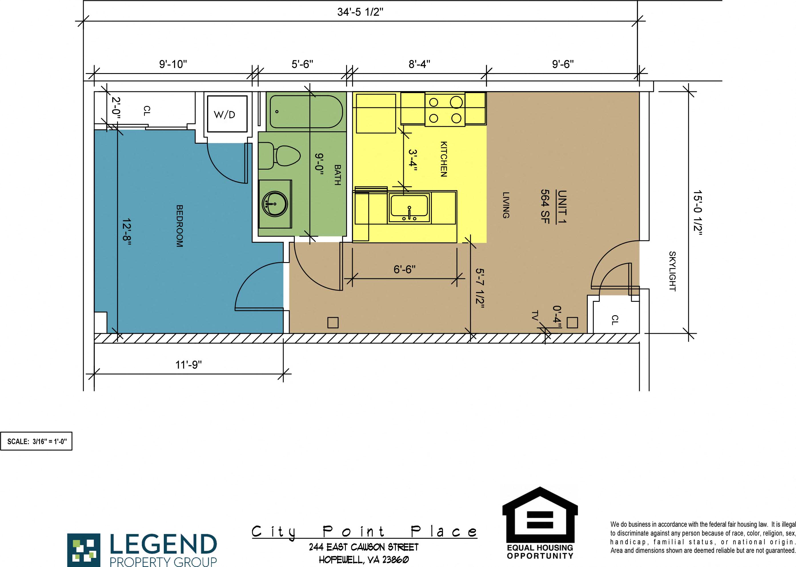 Floor plan for 1 bed, 1 bath, 564 sqft